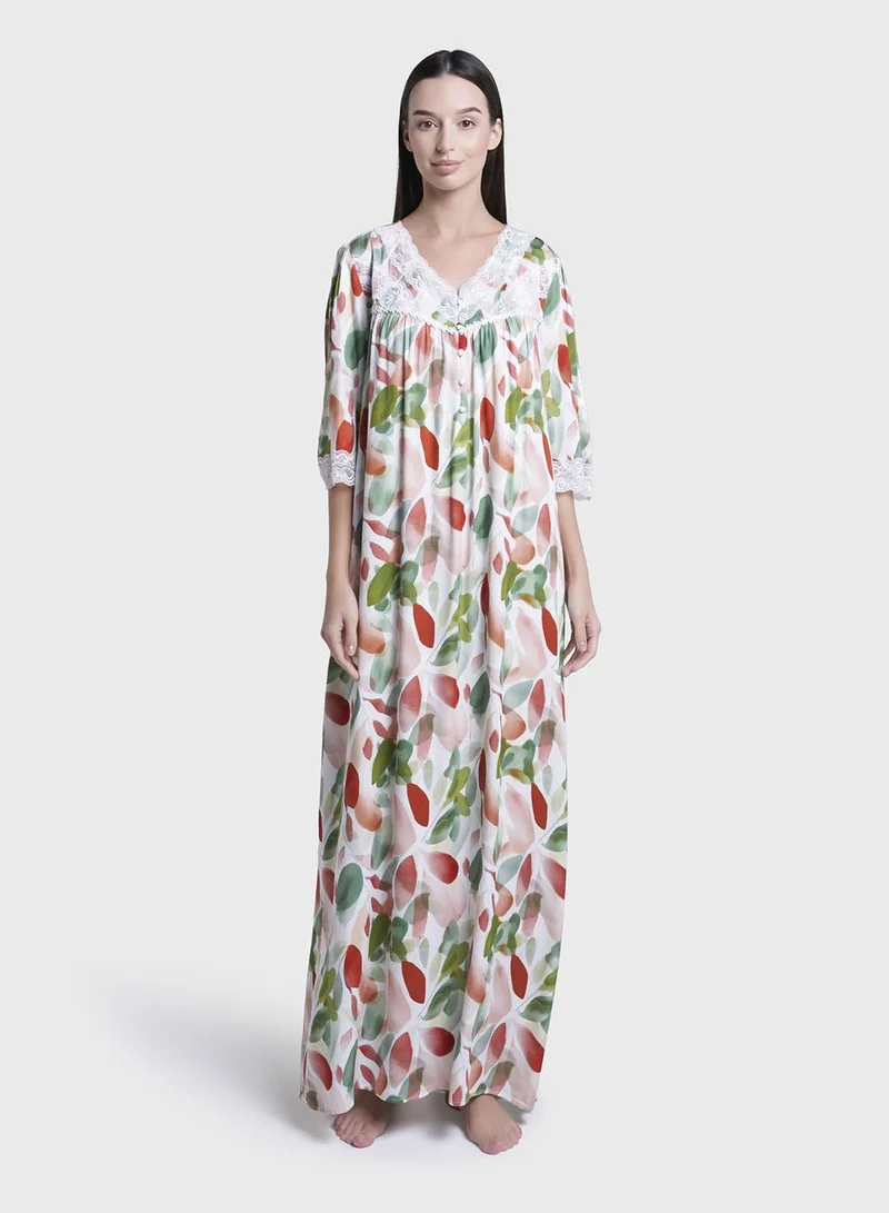 Kashkha Multicolour Leaf Print Viscose Long Nightwear Dress (CNH469)