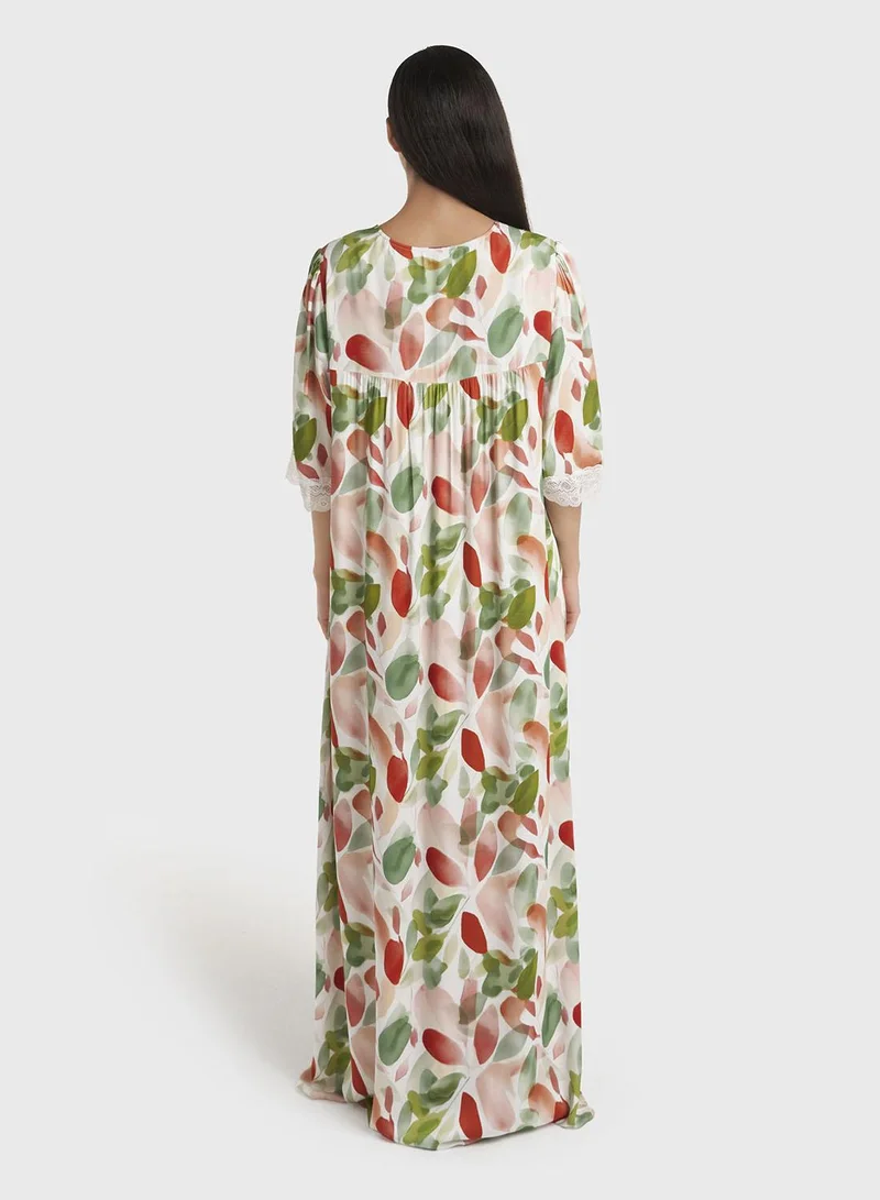 Kashkha  Multicolour Leaf Print Viscose Long Nightwear Dress (CNH469) for Women | Best Price UAE