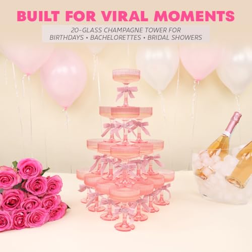Ksestor PLASTIC Champagne Tower Plastic Coupe Glasses 21Piece 7oz Champagne Tower Glasses Set for Weddings Parties Hosting Pink - Image 3