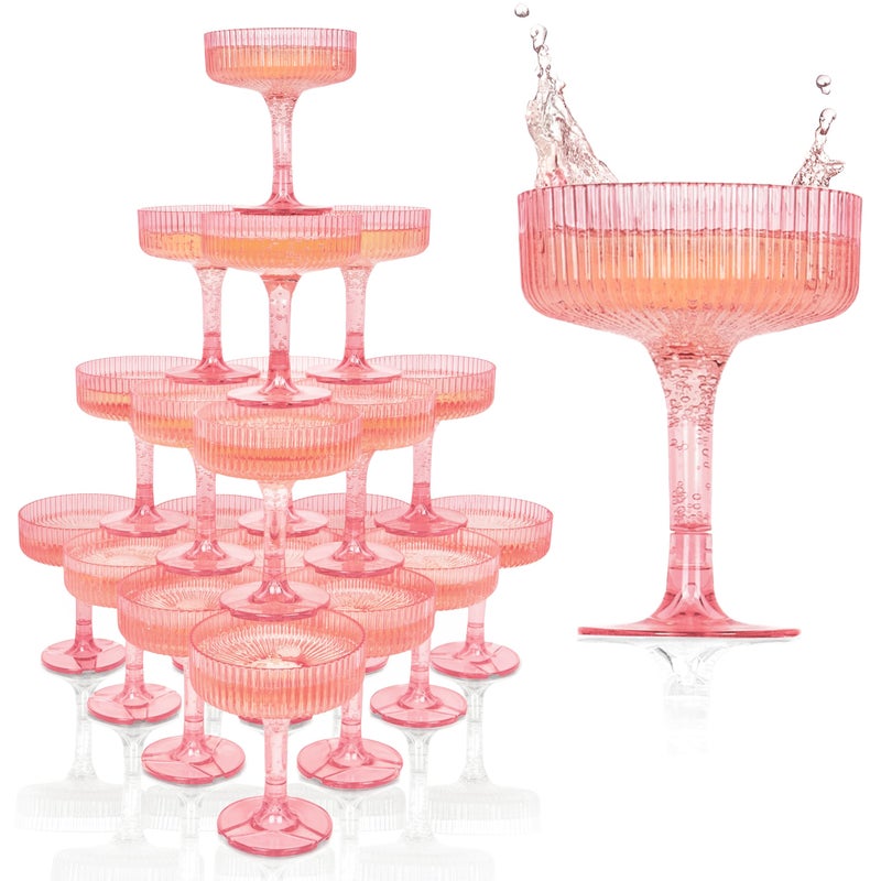 Ksestor PLASTIC Champagne Tower Plastic Coupe Glasses 21Piece 7oz Champagne Tower Glasses Set for Weddings Parties Hosting Pink - Image 2