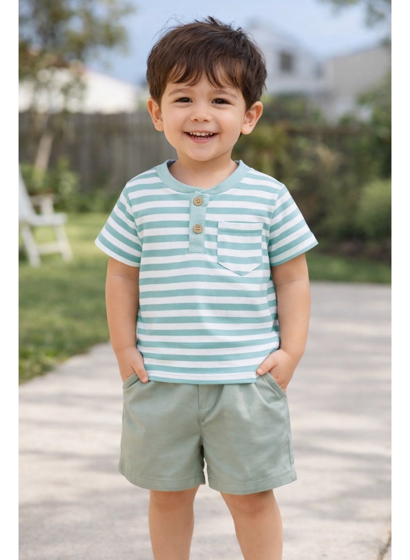 Smarties AE Baby Boys 2-Piece Summer Outfit Set – Striped Short Sleeve T-Shirt with Pocket & Elastic Waist Shorts – Soft Cotton Casual Toddler Clothes for 18-24-36 Months - Image 1
