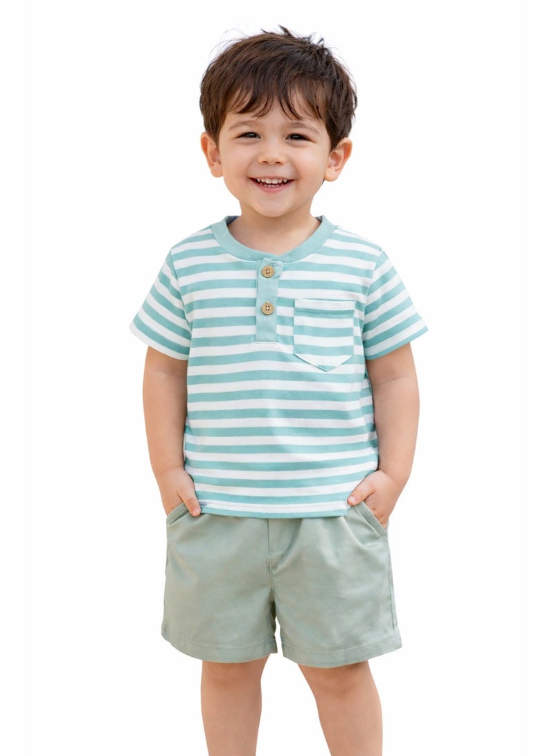 Smarties AE Baby Boys 2-Piece Summer Outfit Set – Striped Short Sleeve T-Shirt with Pocket & Elastic Waist Shorts – Soft Cotton Casual Toddler Clothes for 18-24-36 Months - Image 2