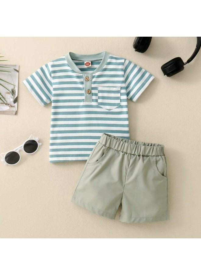 Smarties AE Baby Boys 2-Piece Summer Outfit Set – Striped Short Sleeve T-Shirt with Pocket & Elastic Waist Shorts – Soft Cotton Casual Toddler Clothes for 18-24-36 Months - Image 3