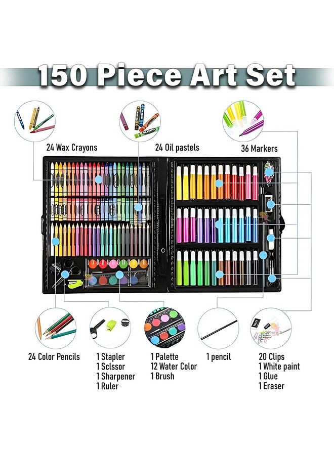 Wishkey طقم فنون و حرفة للأطفال مكون من 150 قطعة مع حقيبة، مجموعة أدوات الرسم والطلاء، مجموعة ألوان مع أقلام تحديد، ألوان مائية، فرشاة، أقلام ملونة، وأقلام شمع (عبوة من 1، متعددة الألوان) - Image 5