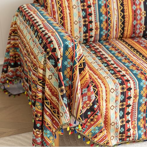 Erbnaryx Boho Couch Cover with Tassels, Washable 3-Seater Sectional Sofa Cover for Living Room(A8, 71"x134") - Image 4
