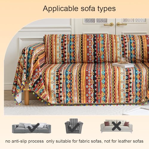 Erbnaryx Boho Couch Cover with Tassels, Washable 3-Seater Sectional Sofa Cover for Living Room(A8, 71"x134") - Image 5