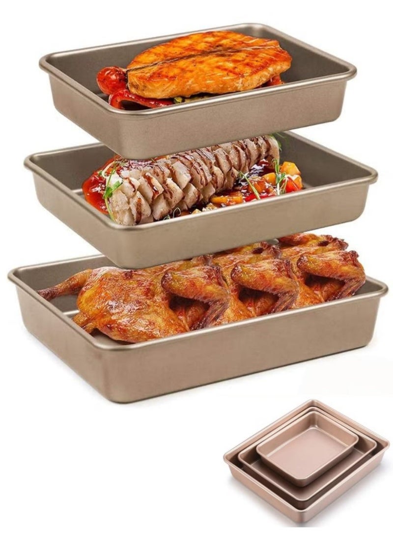 3Pcs Rectangle Deep Baking Pan Set, Cake Baking Tray Set,Rectangular Thick And Deep Baking Trays, Non Stick Baking Tray, Suitable For Biscuits, Bread, Pizza, Etc.Golden, Available In 13 Inch, 11 Inch And 9 Inch Sizes. - Image 1