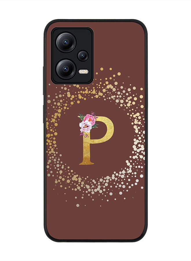 Stylizedd Rugged Black edge case for Poco X5 / Redmi Note 12 5G Slim fit Soft Case Flexible Rubber Edges Anti Drop TPU Gel Thin Cover - Custom Monogram Initial Letter Floral Pattern Alphabet - P - Brown - Image 1