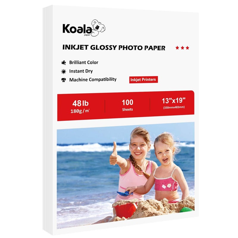 KOALA PAPER Koala Glossy Inkjet Photo Paper 13X19 Inches 48lb 100 Sheets Professional Glossy Photographic Paper Compatible with Inkjet Printer Use DYE INK 180GSM