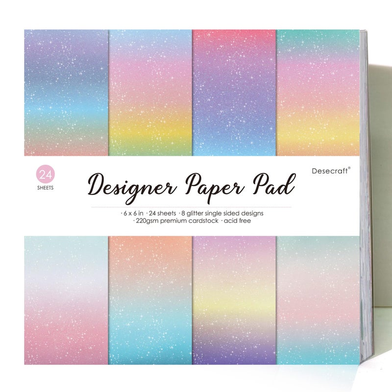 Desecraft 24 Sheets 6 x 6 Glitter Shining Ombre Pastel Cardstock Scrapbook Decorative Paper for Card Making Journaling Origami Scrapbook Paper Scrapbooking Supplies Spring - Image 1