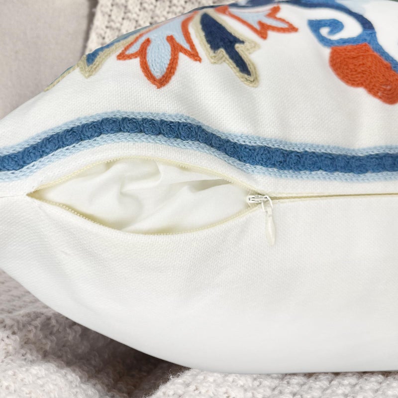 Alysheer Embroidered Fall Decorative Throw Pillow Cover 18"x 18" Set of 2, Boho Navy Blue Floral Embroidery Patterned Cotton Cushion Case for Sofa Couch Living Room Bedroom Outdoor - Image 5