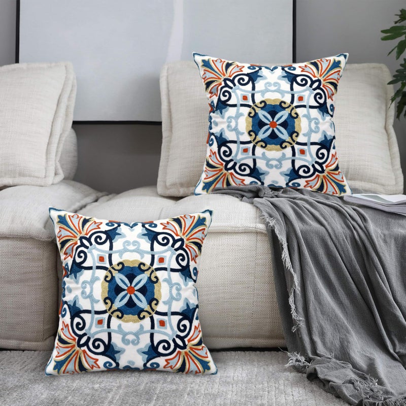 Alysheer Embroidered Fall Decorative Throw Pillow Cover 18"x 18" Set of 2, Boho Navy Blue Floral Embroidery Patterned Cotton Cushion Case for Sofa Couch Living Room Bedroom Outdoor - Image 3