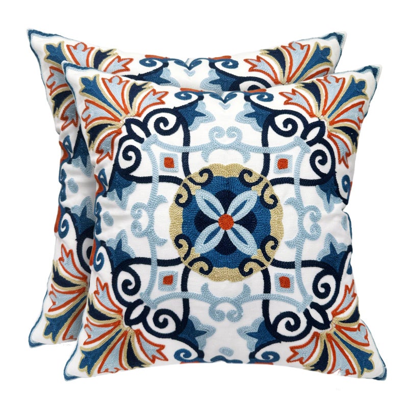 Alysheer Embroidered Fall Decorative Throw Pillow Cover 18"x 18" Set of 2, Boho Navy Blue Floral Embroidery Patterned Cotton Cushion Case for Sofa Couch Living Room Bedroom Outdoor - Image 1