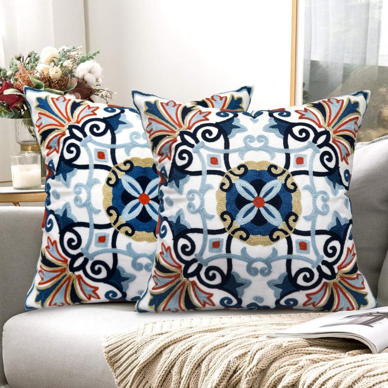 Alysheer Embroidered Fall Decorative Throw Pillow Cover 18"x 18" Set of 2, Boho Navy Blue Floral Embroidery Patterned Cotton Cushion Case for Sofa Couch Living Room Bedroom Outdoor - Image 2