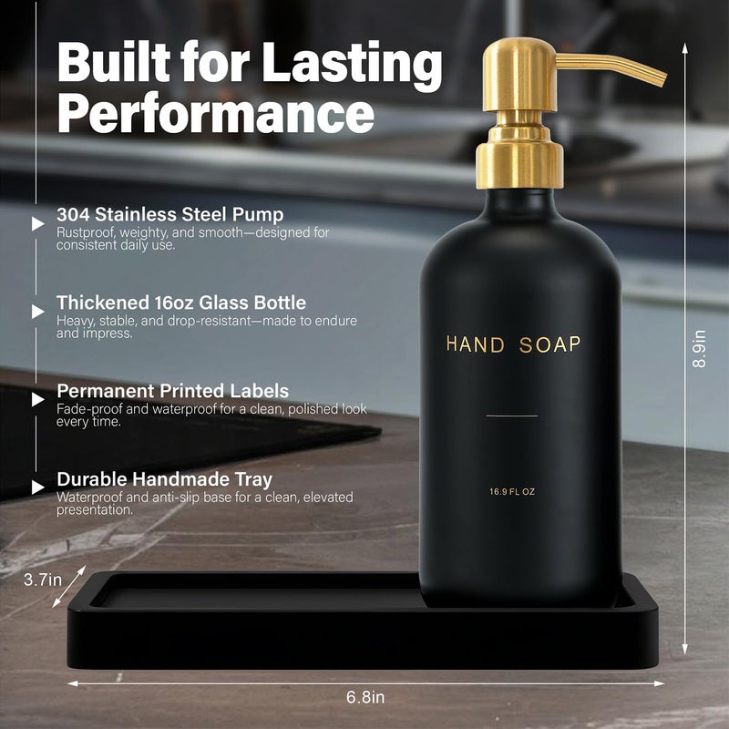 Prus Waso Soap Dispenser Bathroom Set, Hand and Lotion Dispenser with Stainless Steel Pump, Perfect for Black and Gold Bathroom Decor. (Gold & Black) - Image 2