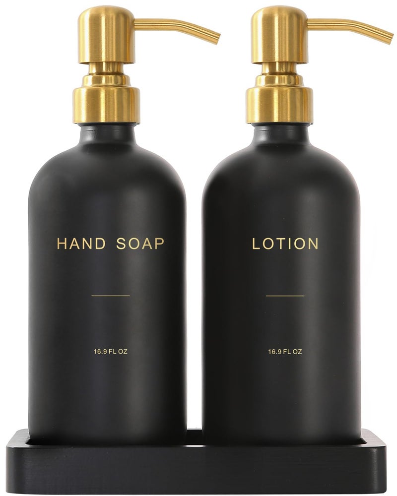 Prus Waso Soap Dispenser Bathroom Set, Hand and Lotion Dispenser with Stainless Steel Pump, Perfect for Black and Gold Bathroom Decor. (Gold & Black) - Image 1