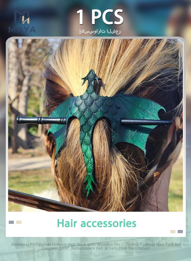 Maya Medieval PU Leather Dragon Hair Stick with Wooden Pin – Gothic Fantasy Hair Fork for Cosplay, LARP, Renaissance Fair & Daily Hair Decoration - Image 1
