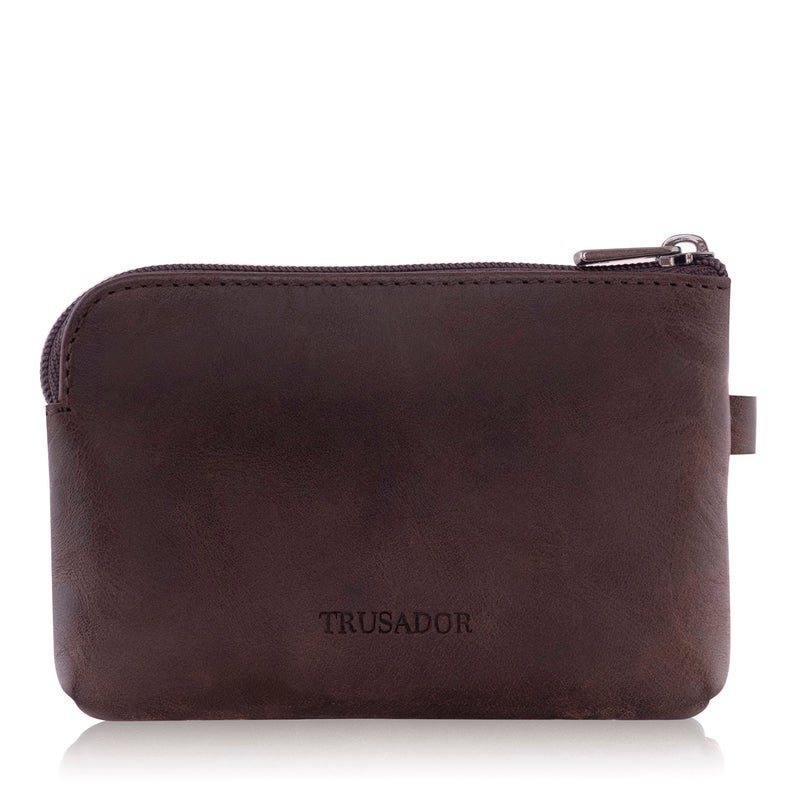 Trusador Milano Unisex Leather Front Pocket Wallet Coin Purse Zipper Pouch with Keychain (Brown) - Image 2