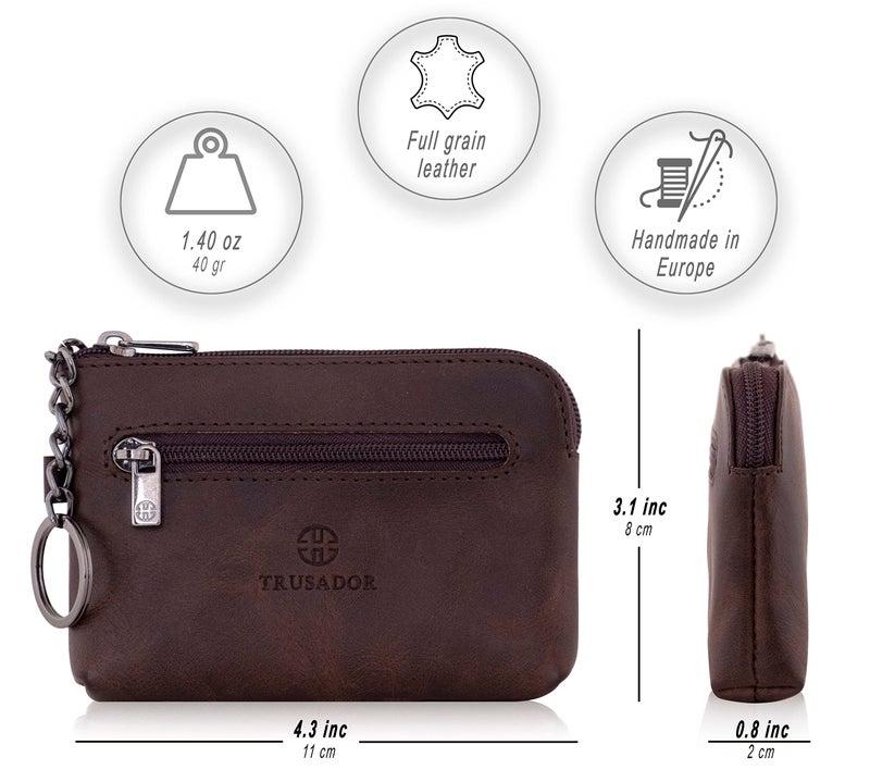 Trusador Milano Unisex Leather Front Pocket Wallet Coin Purse Zipper Pouch with Keychain (Brown) - Image 3