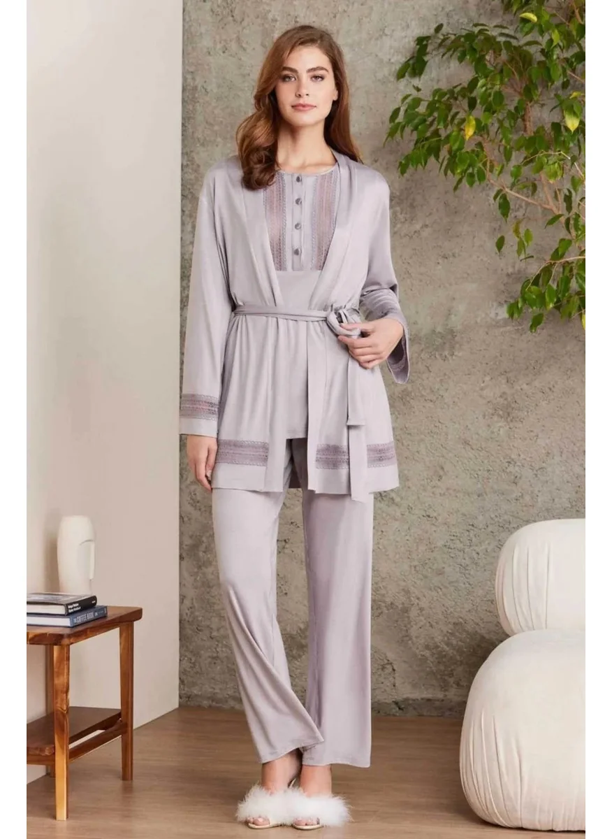 بيير كاردان 2800 Women's Combed Cotton Lace Pajama Set with Robe-Royal