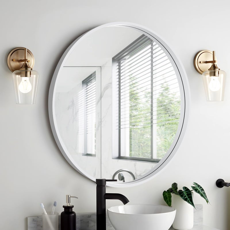 WallBeyond Round Wood Mirror 24 inch Circle Wall Mirror for Bathroom Round Wall Mirror for Wall Decor, Vanity, Entryway Living Room (White) - Image 2