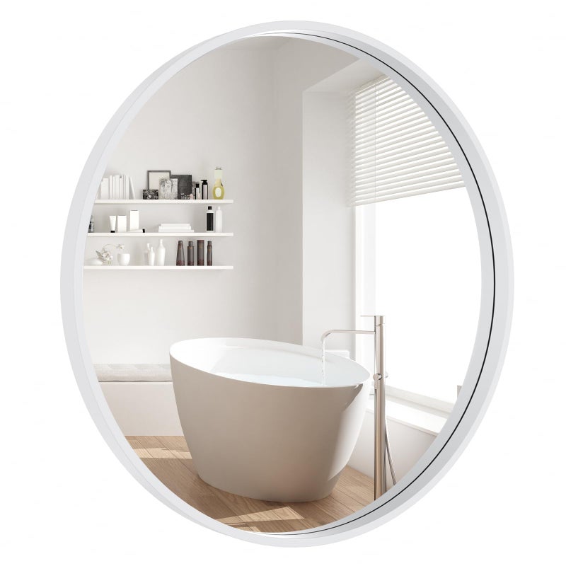 WallBeyond Round Wood Mirror 24 inch Circle Wall Mirror for Bathroom Round Wall Mirror for Wall Decor, Vanity, Entryway Living Room (White) - Image 1