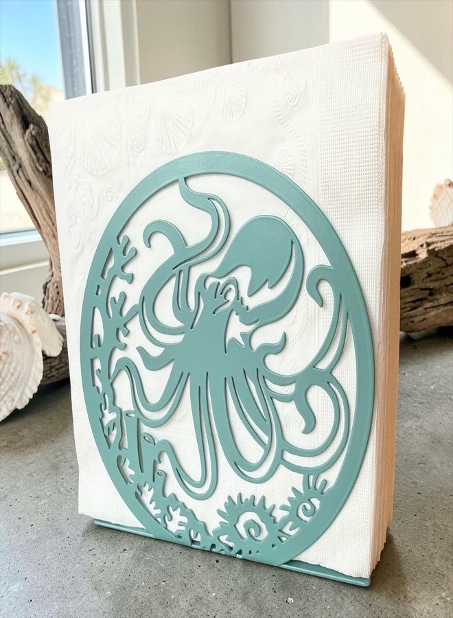 Top Brass Coastal Octopus Metal Napkin Holder – Teal Ocean Themed Tabletop Napkin Stand – Nautical Beach House Kitchen & Patio Decor – 5.75” x 6” Decorative Countertop Organizer - Image 2