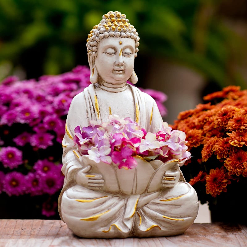 Goodeco Meditating Buddha Statue Sculpture Outdoor Sitting Sculpture Decoration Marble Finish with Lotus and Magical Glow in The Dark Pebbles and Glass StonesGift ideaWhite Color 12 inch