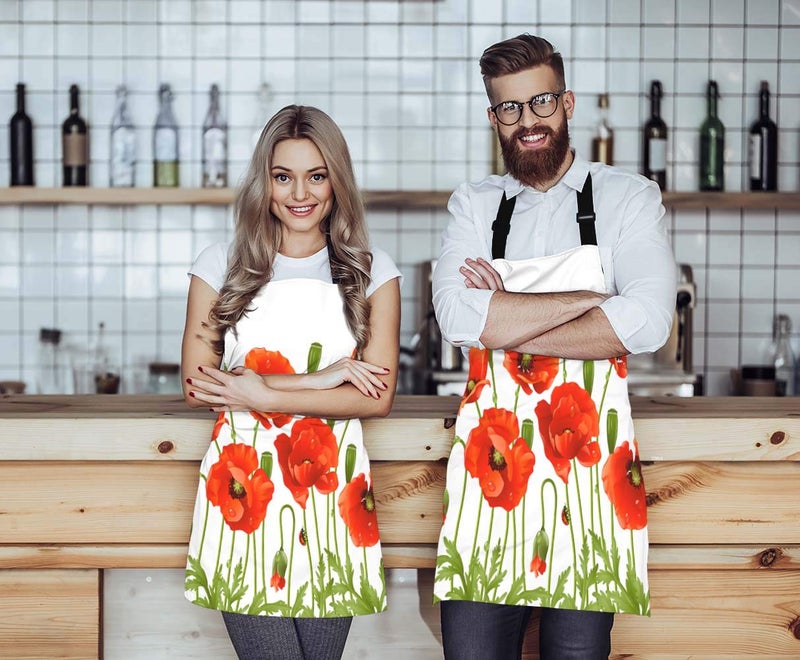 WONDERTIFY مريلة زهور الخشخاش الحمراء الرائعة الجميلة ذات اللون الزاهي والأوراق الخضراء مع رقبة قابلة للتعديل للرجال والنساء مناسبة للمنزل والمطبخ والنادلة والشيف والشواية ومريلة الخبز - Image 2