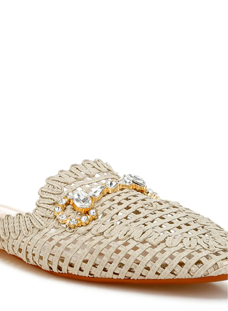 London Rag Metallic Woven Diamante Mules in Beige