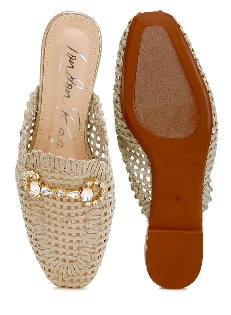 London Rag Metallic Woven Diamante Mules in Beige