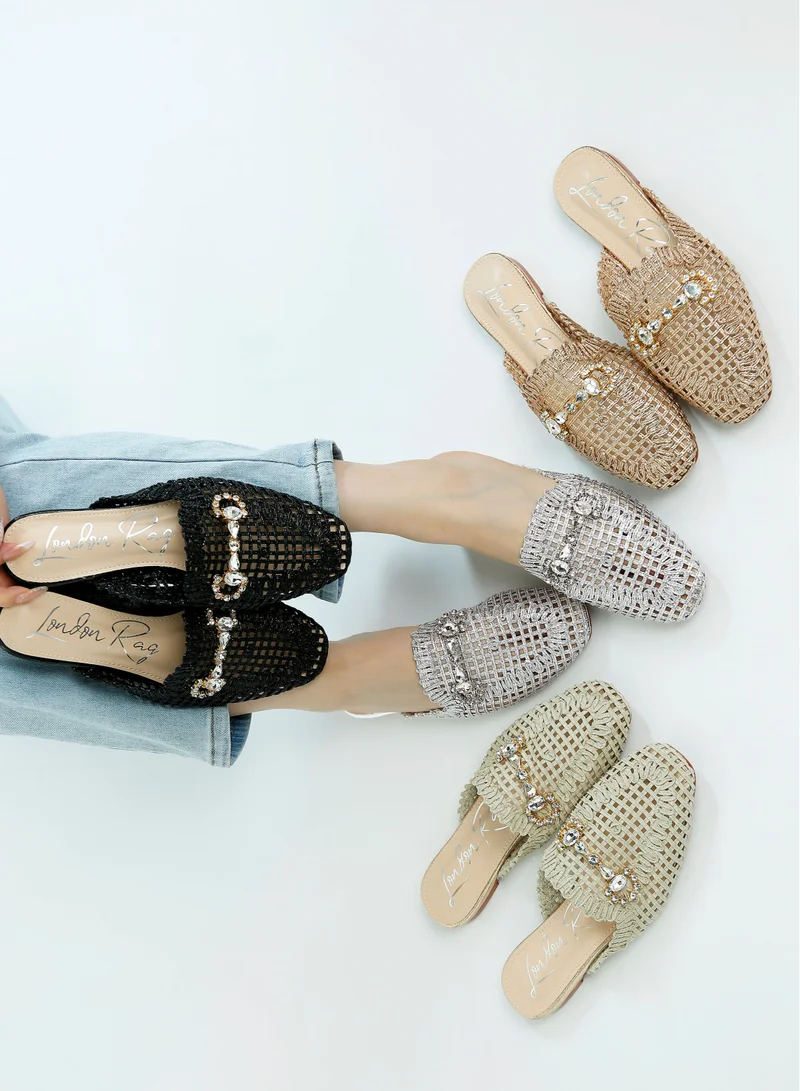 London Rag Metallic Woven Diamante Mules in Beige