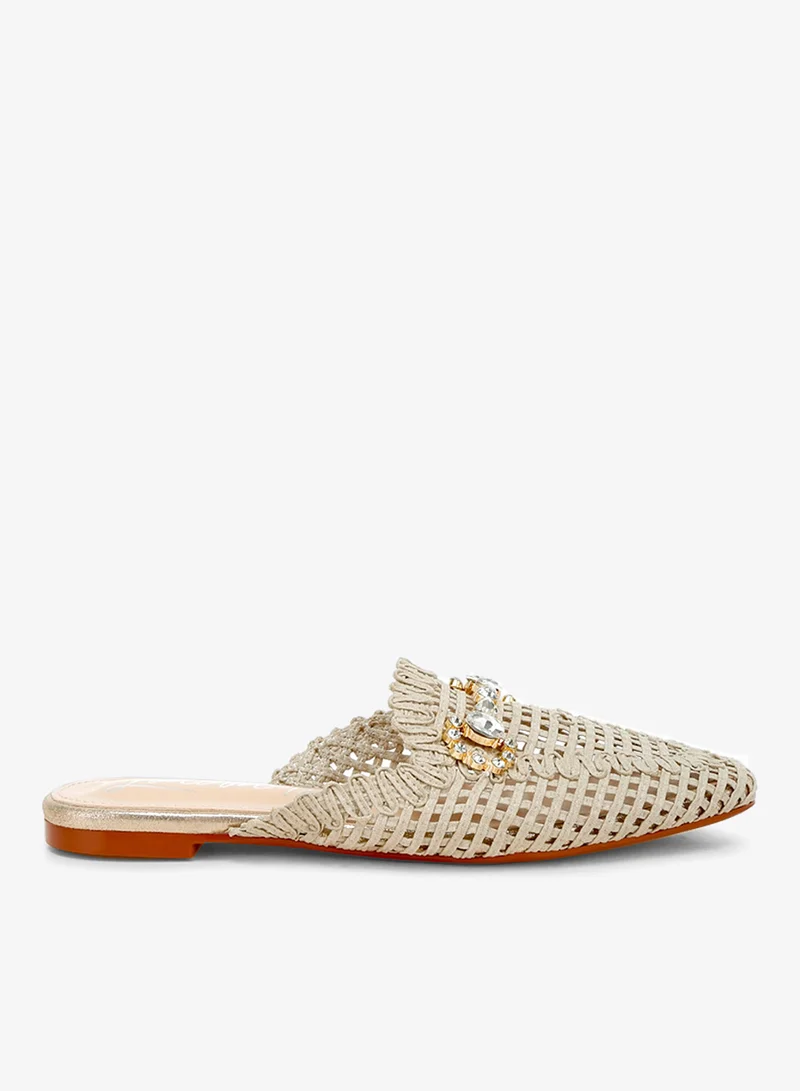 Metallic Woven Diamante Mules in Beige
