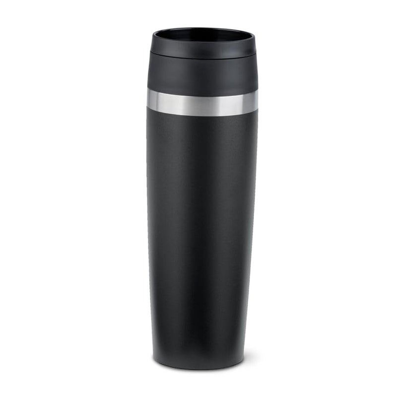 Emsa N2023550 Travel Mug Classic 05 litres Comfort Screw Cap Powder Coating Stainless Steel 6 Hours Hot and 12 Hours Cold 100 LeakProof 360 Drinking Opening Stainless Steel Black