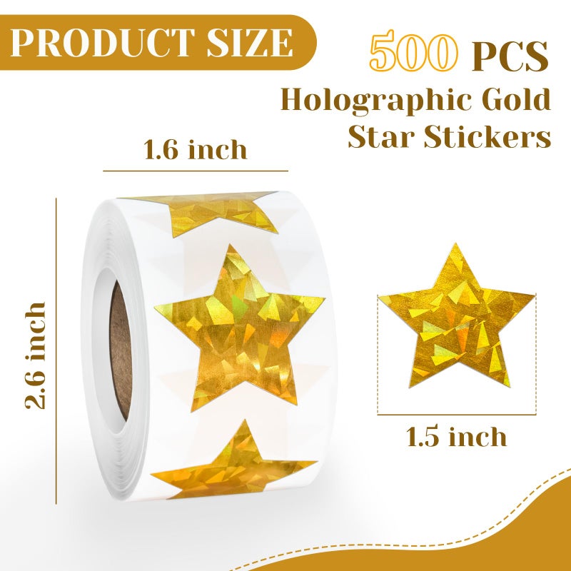 Imeepa 500 PCS Holographic Gold Star Stickers, 1.5 inch Self Adhesive Metallic Glitter Foil Stickers Sparkly Star Sticker Reward Behavior Chart Labels for Kids Students Teachers - Image 2