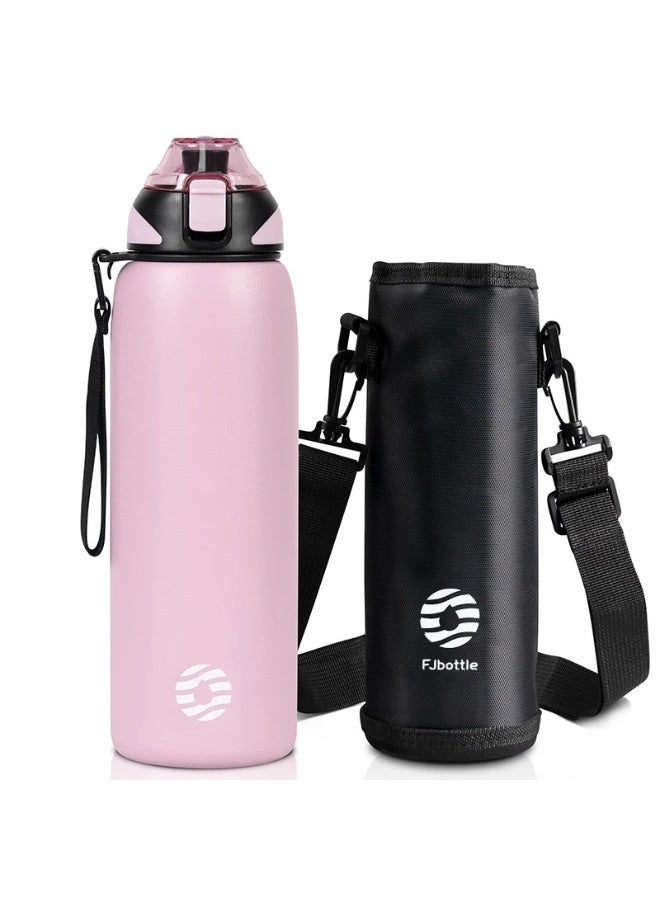 FjBottle زجاجة مياه Fjbottle عازلة للحرارة (بتقنية التفريغ) سعة 1000 مل مع حقيبة؛ مصنوعة من الفولاذ المقاوم للصدأ بجدار مزدوج وفتحة واسعة، تحافظ على برودة أو سخونة المشروبات؛ مانعة للتسرب وخالية من مادة BPA؛ مناسبة للأنشطة الرياضية الخارجية وركوب الدراجات - اللون الوردي. - Image 1
