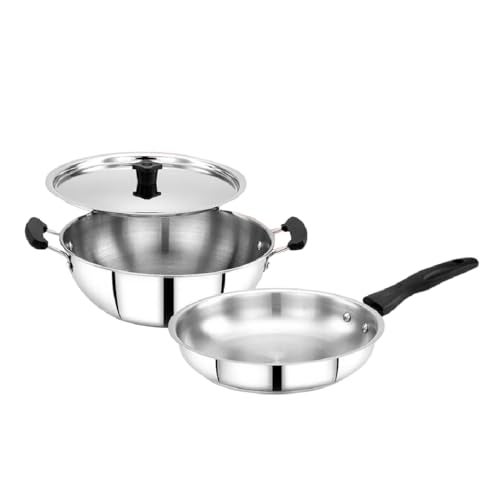 Praylady Stainless Steel Cookware Set|Triply Base|Sandwich Bottom 3 Pc Combo 22Cm Kadai & 22Cm Fry Pan With Lids|Even Heat|Induction & Gas Compatible|Dishwasher Safe|Tight-Fit Lids,Silver - Image 1