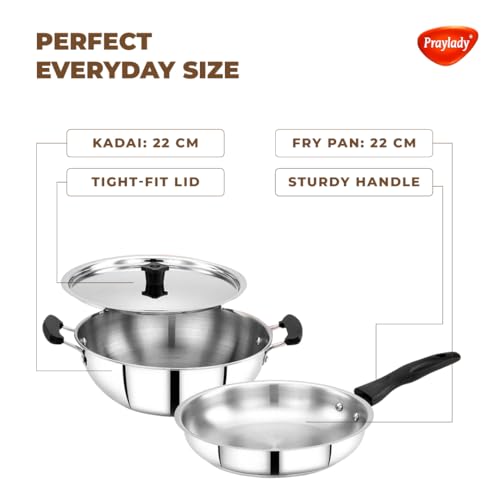 Praylady Stainless Steel Cookware Set|Triply Base|Sandwich Bottom 3 Pc Combo 22Cm Kadai & 22Cm Fry Pan With Lids|Even Heat|Induction & Gas Compatible|Dishwasher Safe|Tight-Fit Lids,Silver - Image 4