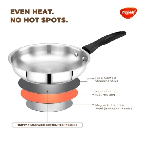 Praylady Stainless Steel Cookware Set|Triply Base|Sandwich Bottom 3 Pc Combo 22Cm Kadai & 22Cm Fry Pan With Lids|Even Heat|Induction & Gas Compatible|Dishwasher Safe|Tight-Fit Lids,Silver - Image 3