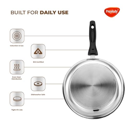 Praylady Stainless Steel Cookware Set|Triply Base|Sandwich Bottom 3 Pc Combo 22Cm Kadai & 22Cm Fry Pan With Lids|Even Heat|Induction & Gas Compatible|Dishwasher Safe|Tight-Fit Lids,Silver - Image 5