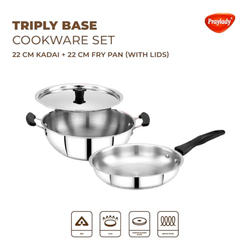 Praylady Stainless Steel Cookware Set|Triply Base|Sandwich Bottom 3 Pc Combo 22Cm Kadai & 22Cm Fry Pan With Lids|Even Heat|Induction & Gas Compatible|Dishwasher Safe|Tight-Fit Lids,Silver - Image 2