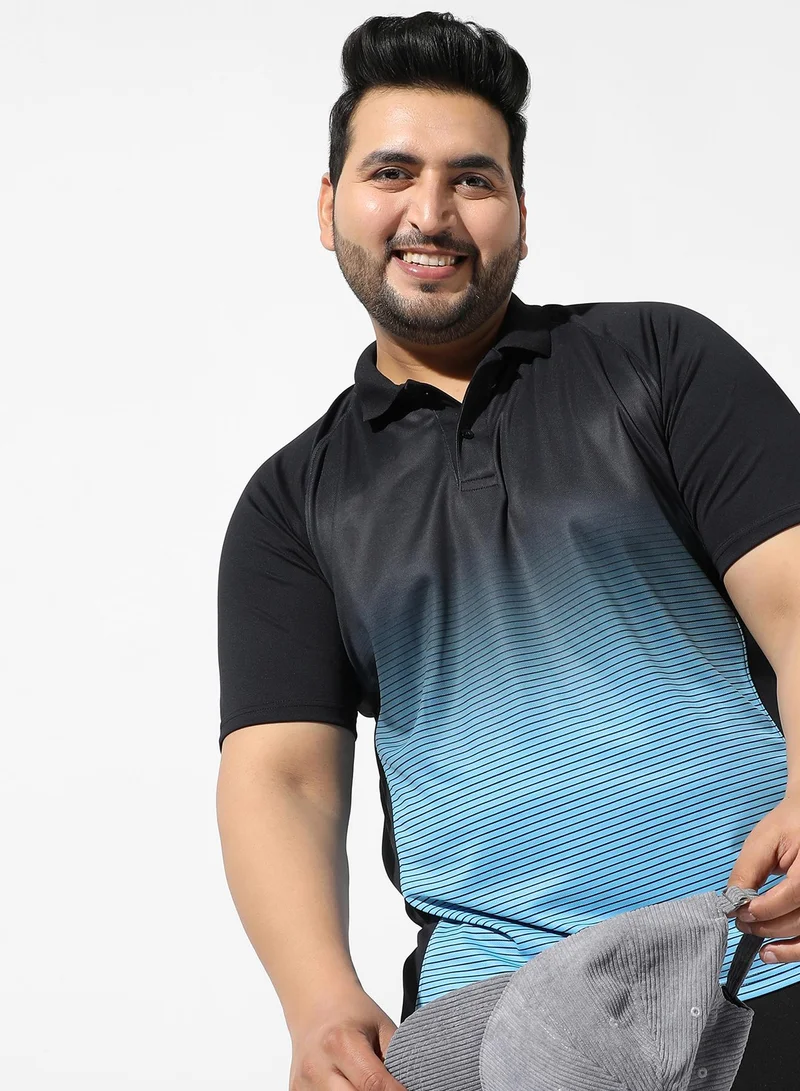 Instafab Plus Men's Black & Blue Colourblocked Regular Fit Activewear T-Shirt