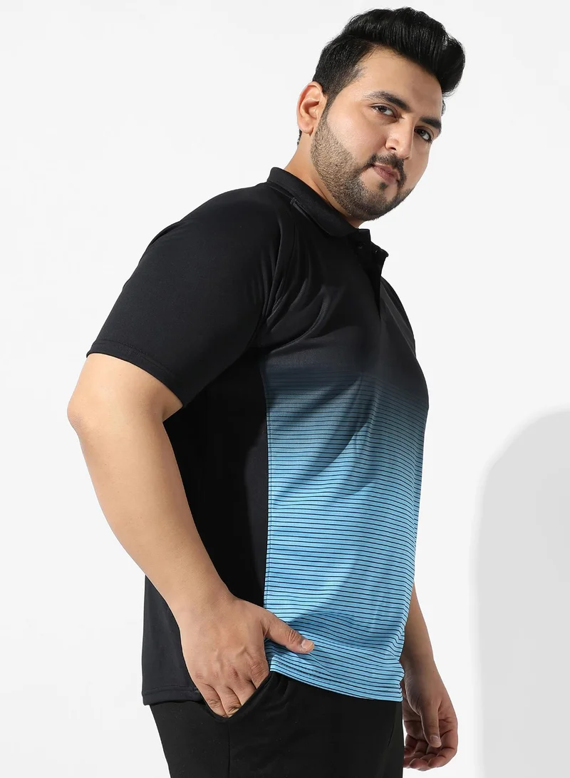 Instafab Plus Men's Black & Blue Colourblocked Regular Fit Activewear T-Shirt