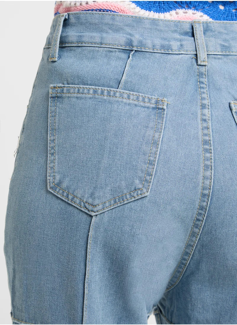 جينجر High Waist Seam Detail Wide Leg Jeans