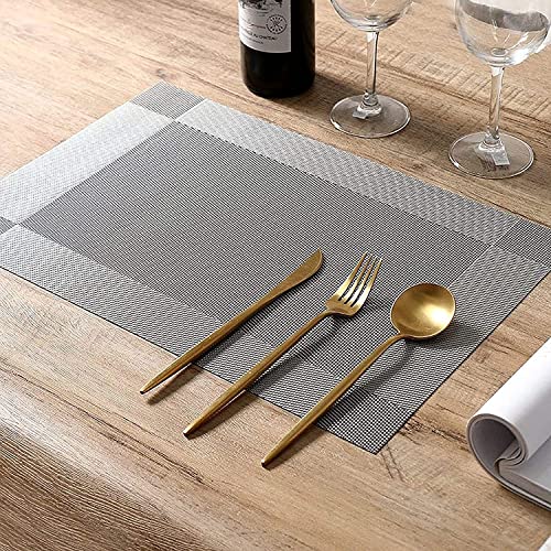 Baskety Kitchen Placemat Washable PVC Woven Vinyl Dining Table Mats Non-Slip, Rectangle (Silver, Set of 8) - Image 5