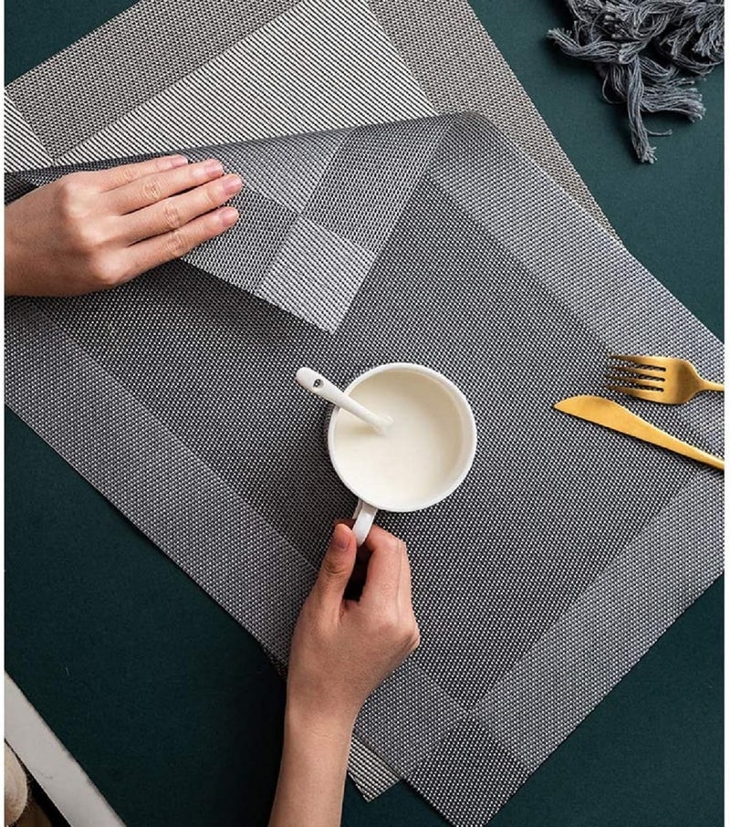 Baskety Kitchen Placemat Washable PVC Woven Vinyl Dining Table Mats Non-Slip, Rectangle (Silver, Set of 8) - Image 2