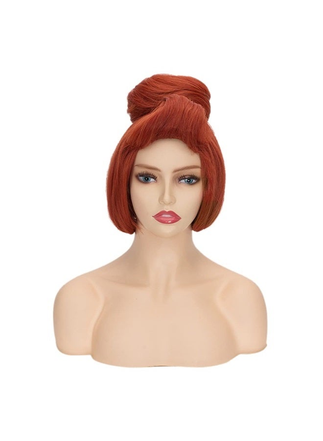 FVCENT 50s Women Wig Wilma Halloween Costume for Women,The Flintstones,60s Short Red Vintage Updo Halloween Costume Bun Party Wig With White Beads Necklace (Red) - Image 1