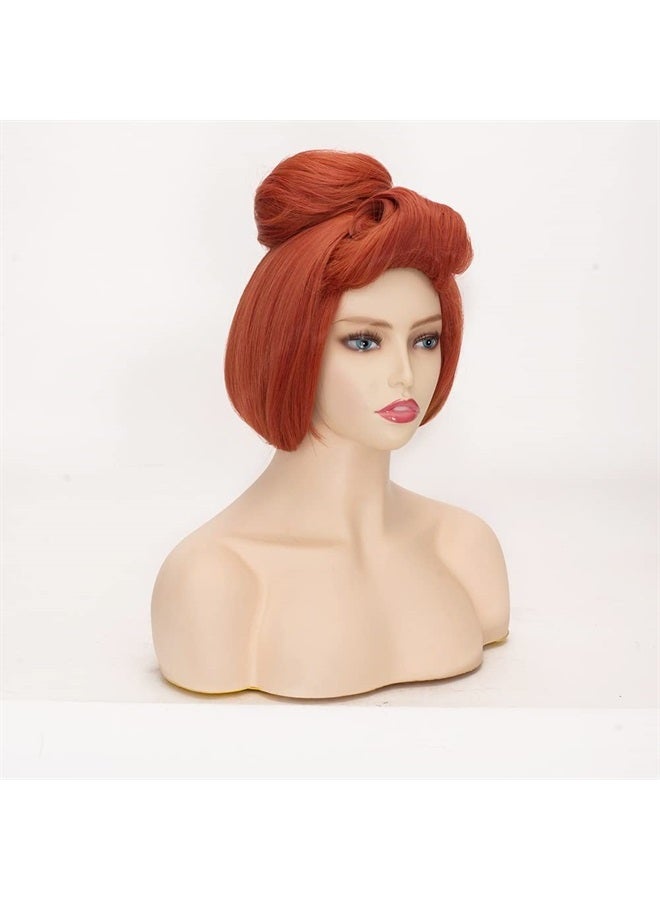 FVCENT 50s Women Wig Wilma Halloween Costume for Women,The Flintstones,60s Short Red Vintage Updo Halloween Costume Bun Party Wig With White Beads Necklace (Red) - Image 3