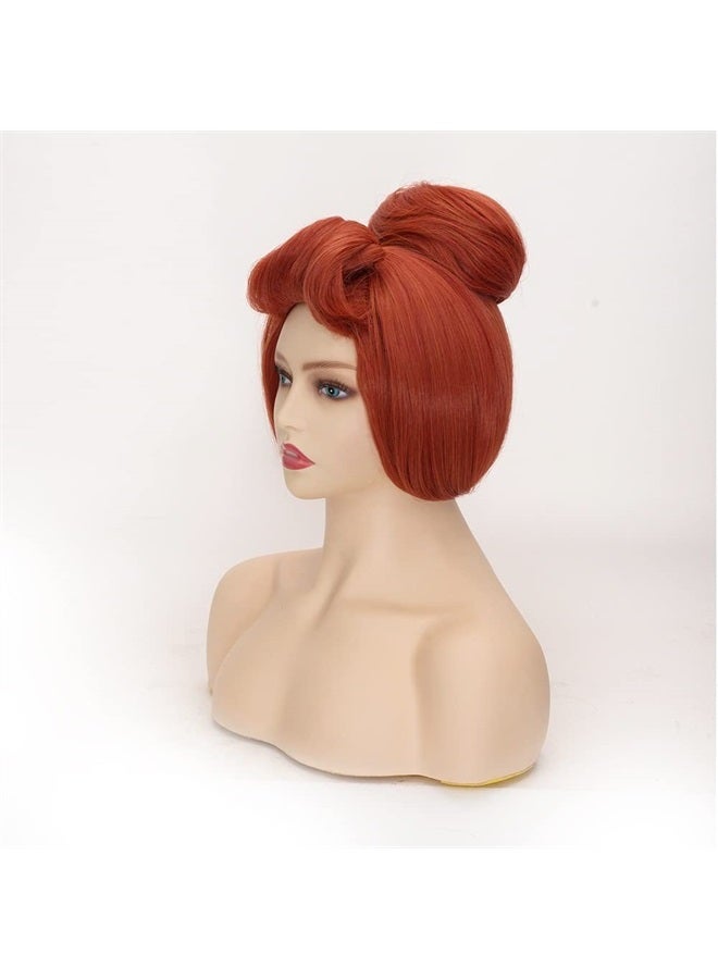 FVCENT 50s Women Wig Wilma Halloween Costume for Women,The Flintstones,60s Short Red Vintage Updo Halloween Costume Bun Party Wig With White Beads Necklace (Red) - Image 4