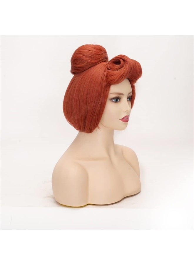 FVCENT 50s Women Wig Wilma Halloween Costume for Women,The Flintstones,60s Short Red Vintage Updo Halloween Costume Bun Party Wig With White Beads Necklace (Red) - Image 2